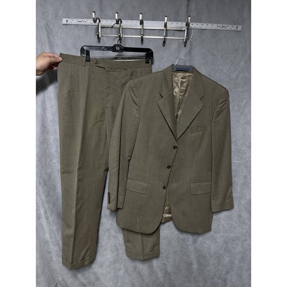 Chaps Ralph Lauren Suit Men 40L Beige 3 Btn‎ Herringbone Wool 34X32 Pants Luxury